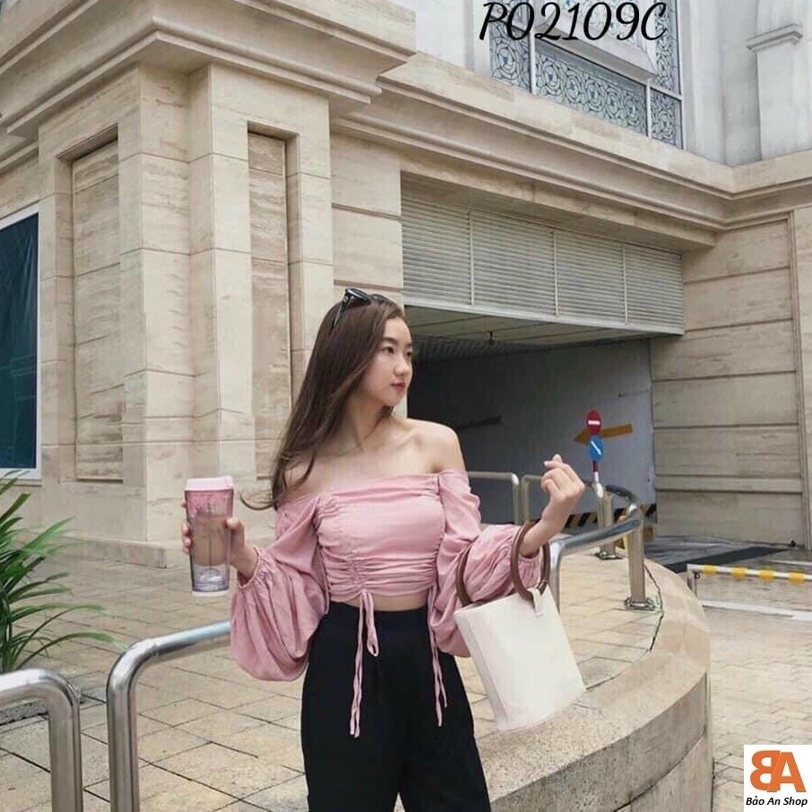 Áo kiểu chất voan rút dây 2 bên tay dài_áo croptop | BigBuy360 - bigbuy360.vn