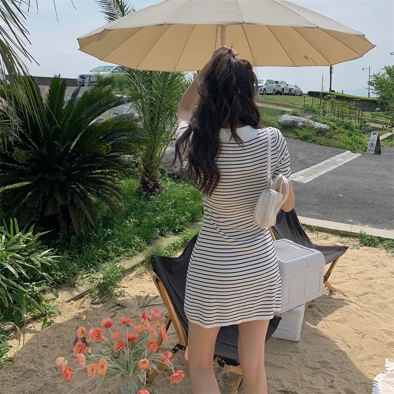 Váy Polo Dáng Suông Kẻ Ngang I'm Basic Girly Đầm Body Cổ Bẻ Ngắn Tay Chất Cotton Co Dãn 4 Chiều Ulzzang