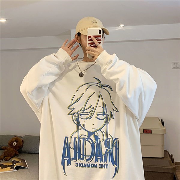 Áo Sweater Cổ Tròn Lót Nhung Dáng Rộng In Họa Tiết Hoạt Hình Thời Trang Cho Nam Size M-5XL