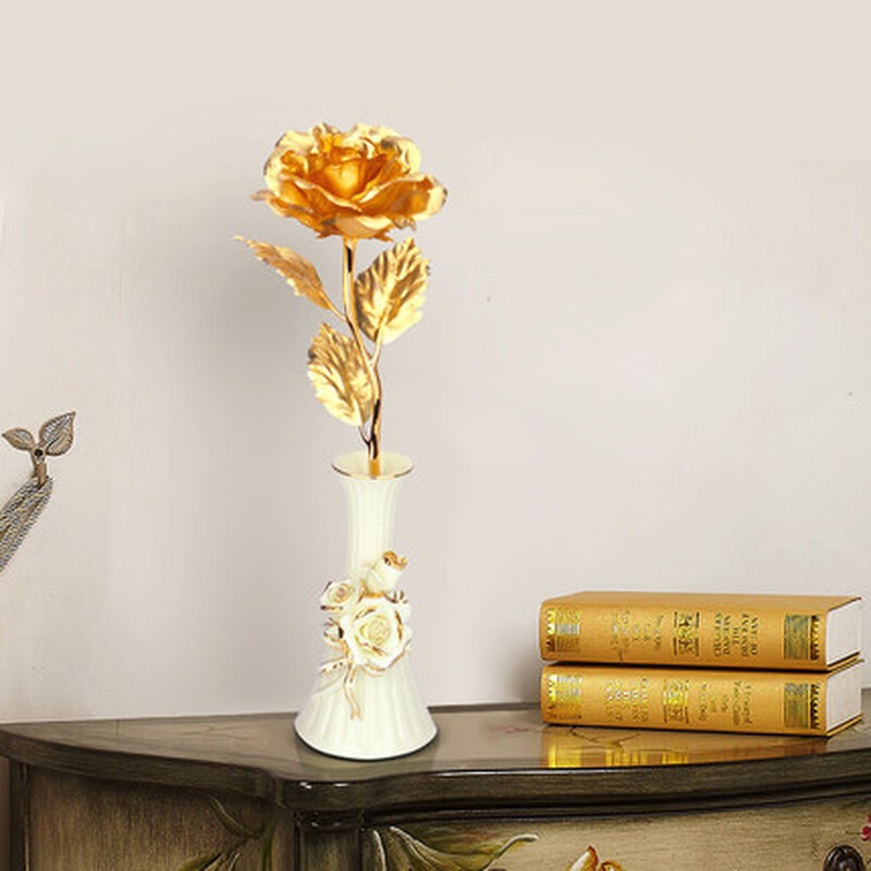 1 Nhánh Hoa Hồng Giả Bằng Nhựa Phối Lá Vàng Trang Trí Nhà Cửa/Văn Phòng/Tiệc Cưới DIY
