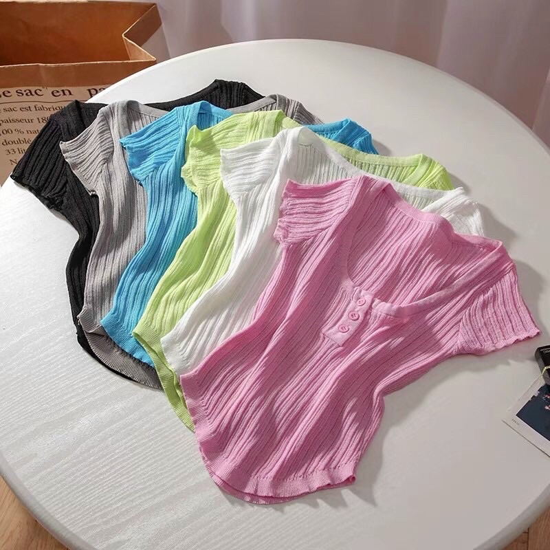 Áo len mỏng dáng ngắn cổ cúc vạt bầu, Áo kiểu cổ tròn dáng coptop ngắn tay AL1271 - NhiNhi Shop