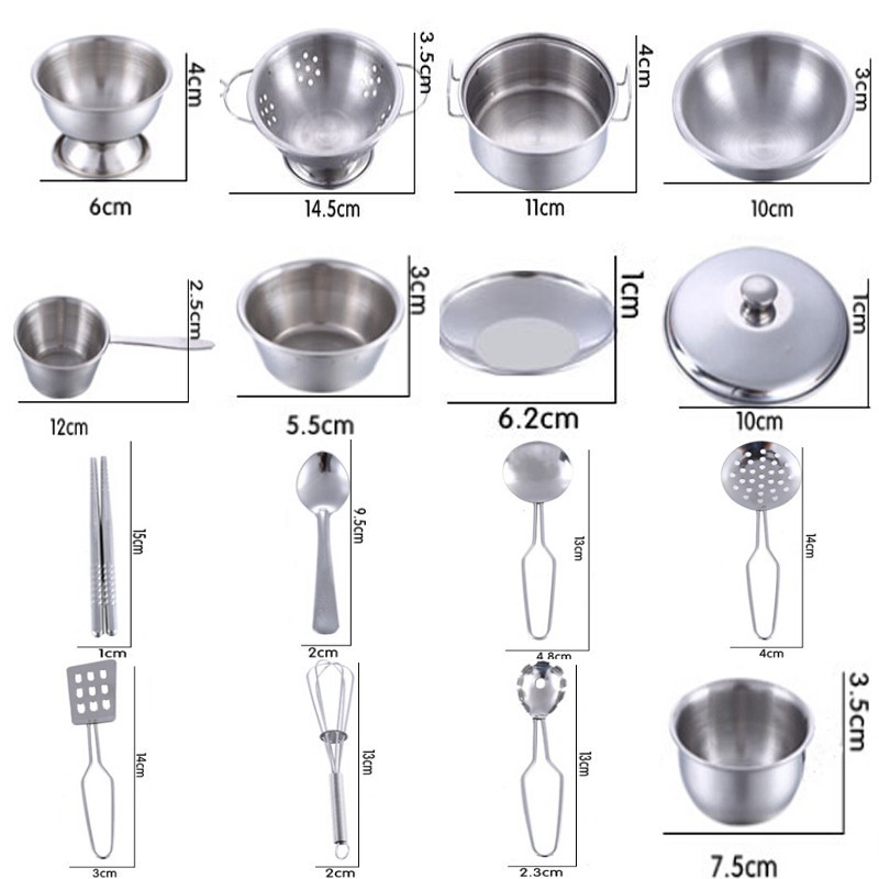 Set 16 dụng cụ nấu ăn đồ chơi bằng inox cho bé