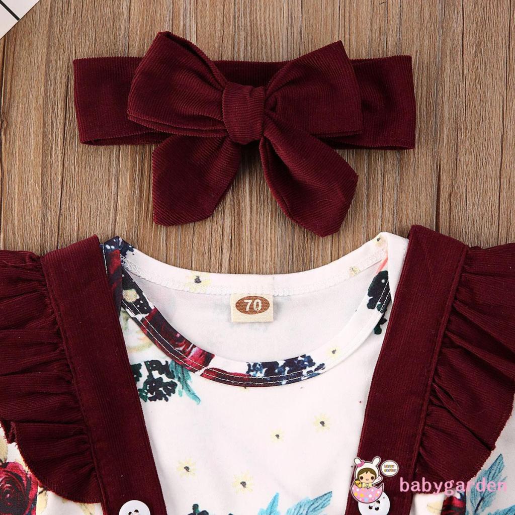 Bộ áo liền quần tay dài cổ tròn + chân váy xòe màu trơn + băng đô thời trang cho bé gái