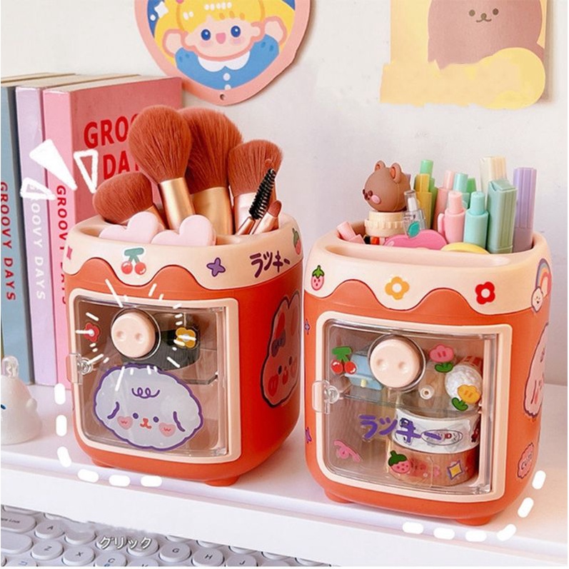 Kệ đựng bút, trang sức để bàn tủ văn phòng ngăn trong suốt hình Mũi Heo ngộ nghĩnh kèm sticker decor hộp đựng cute