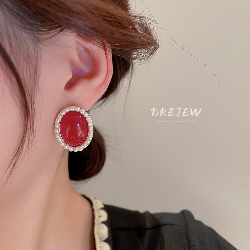 DREJEW Bông Tai Mạ Bạc Hình Oval Đính Ngọc Trai Thời Trang Cao Cấp