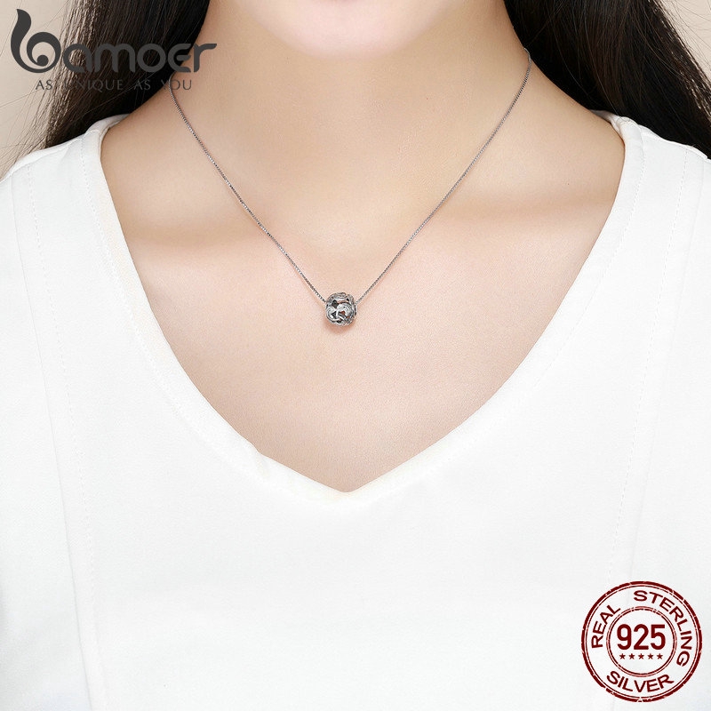 Hạt xỏ vòng tay Bamoer bằng bạc 925 hình tròn họa tiết lông vũ để làm trang sức