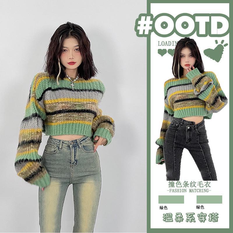 COZOK Áo Sweater Tay Dài Cổ Tròn Họa Tiết Kẻ Sọc Màu Tương Phản
