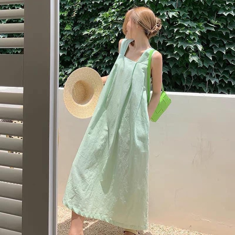 Đầm 2 dây bản to cổ vuông dáng dài váy maxi đi biển màu xanh ngọc hottrend