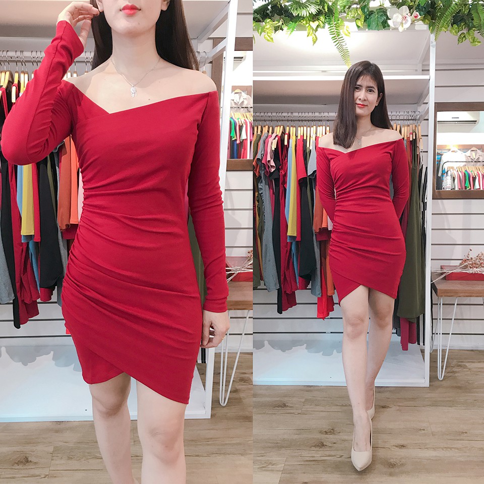 485 - Đầm ôm bẹt vai đắp chéo dún eo tay dài