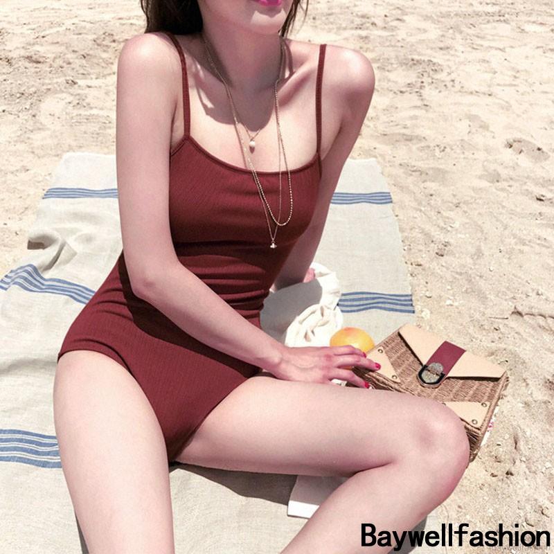 [Baywellfashion]Đồ Bơi Một Mảnh Màu Đỏ Rượu Phong Cách Retro