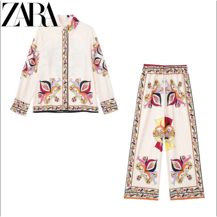 Zara Bộ Áo Sơ Mi In Họa Tiết Thổ Cẩm + Quần Ống Rộng Thời Trang Mùa Hè 8262259 7937099