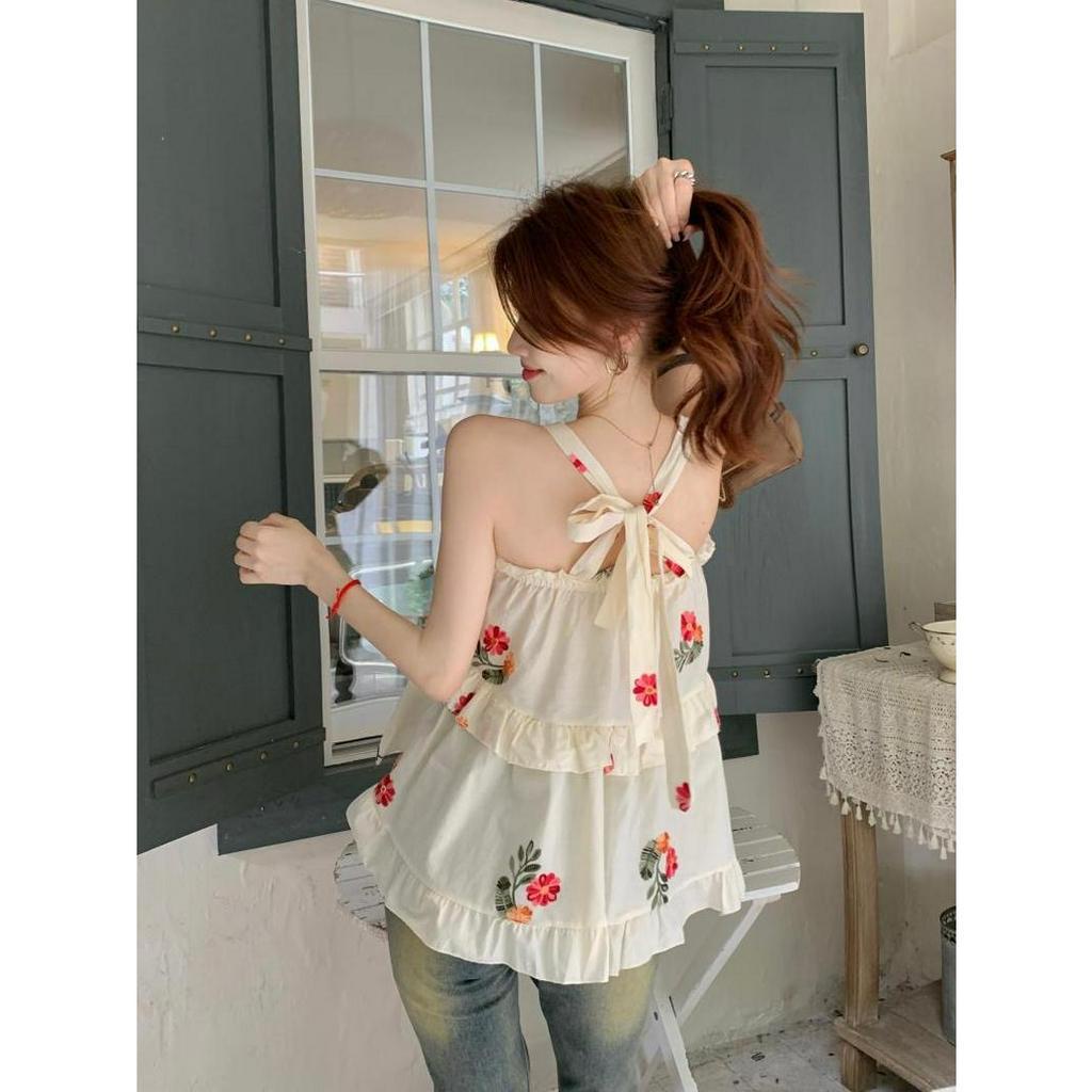 Áo Hai Dây Thêu Hoa Hai Tầng Cổ Vuông - Áo Váy 2 Dây Hoạ Tiết Thêu Hoa Thời Trang Nữ Mùa Hè