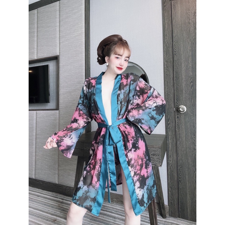 Áo Choàng Ngủ, Set Choàng Kèm Quần Vải Voan Phối Satin