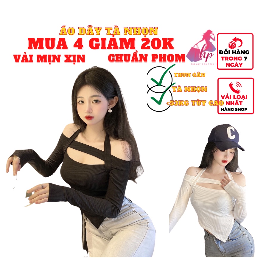 áo dây choàng cổ nữ kiểu bẹt trễ vai tay dài body vải thun borrip màu trắng đen mịn xịn sang chảnh phong cách hàn quốcq