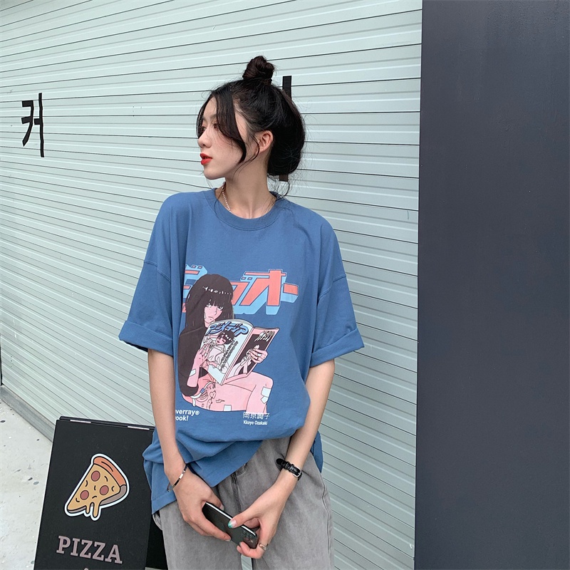 Xiaozhainv 2 colors summer loose wild comic print Harajuku style retro short-sleeved T-shirt fashion women's top