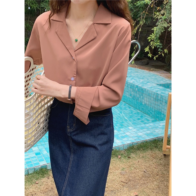 SUXI Áo Sơ Mi Tay Dài Cổ Chữ V Màu Sắc Đơn Giản Phong Cách Hàn Quốc Dành Cho Nữ