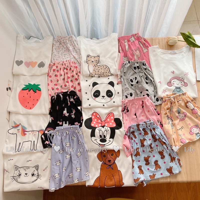 Set bộ ngủ cộc tay cotton in hoạt hình