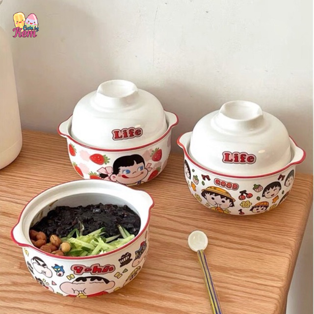 Tô úp mì có nắp hoạ tiết ngộ nghĩnh siêu dễ thương hình shin, maruko, Peko chan, bát úp mì