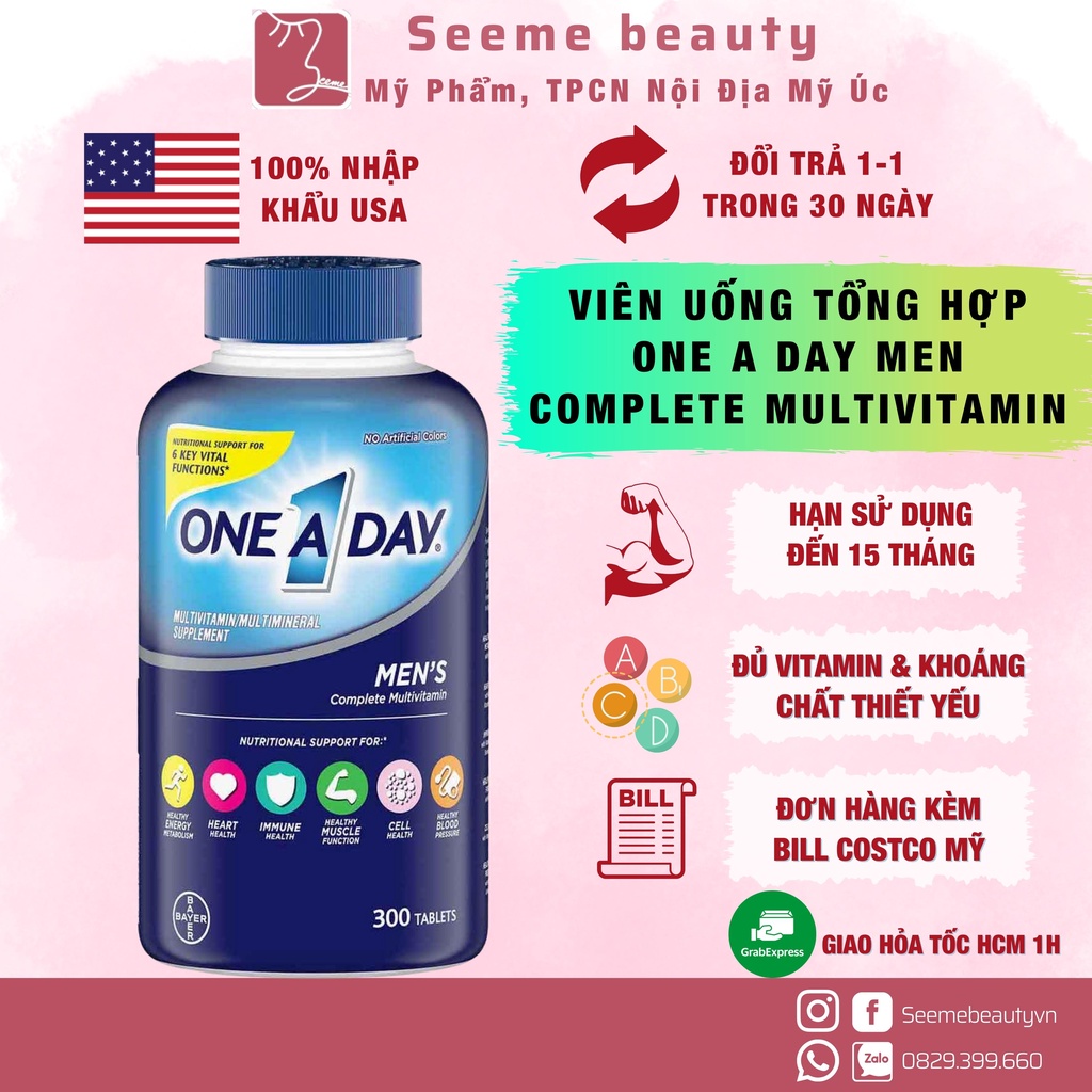 One A Day Men's Complete Multivitamin bổ sung Multivitamin và khoáng chất dành cho nam , Chai 300 viên Seeme Beauty