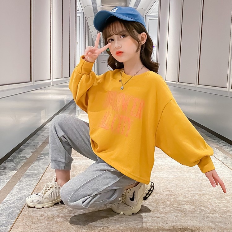 Bộ thu đông bé gái 14-45kg, bộ dài tay bé gái 4-15 tuổi mẫu ALL CITY sang chảnh 2 màu vàng xám đáng yêu.