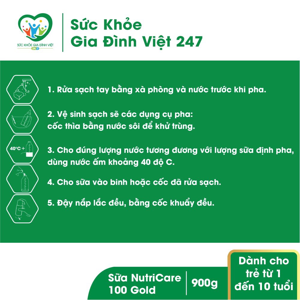 Sữa bột Nutricare Care 100 Gold Tăng Cường Miễn Dịch, Phát Triển Chiều Cao và Cân Nặng Cho Trẻ - 900gr