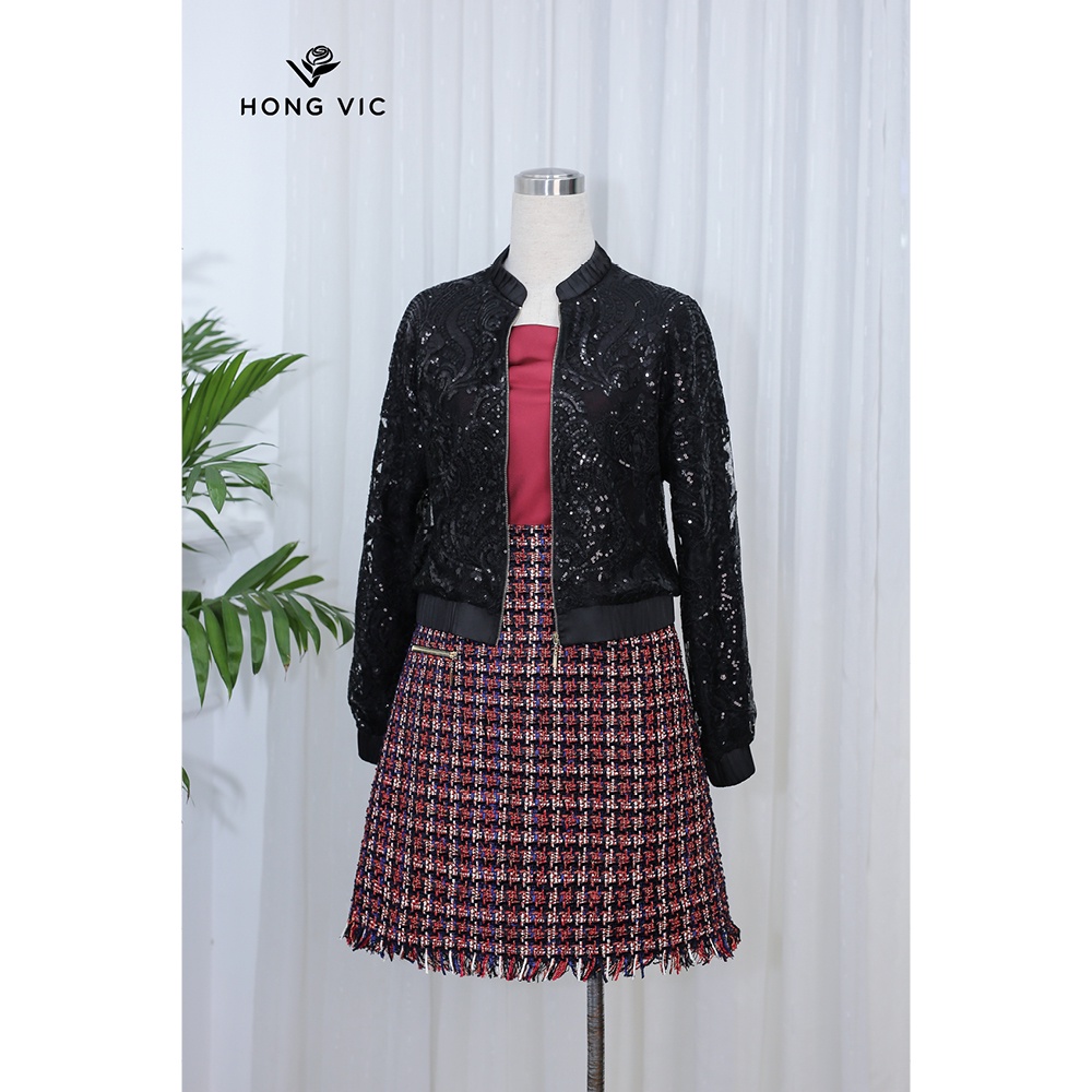 Áo khoác nữ thiết kế Hongvic đen kim sa SM343