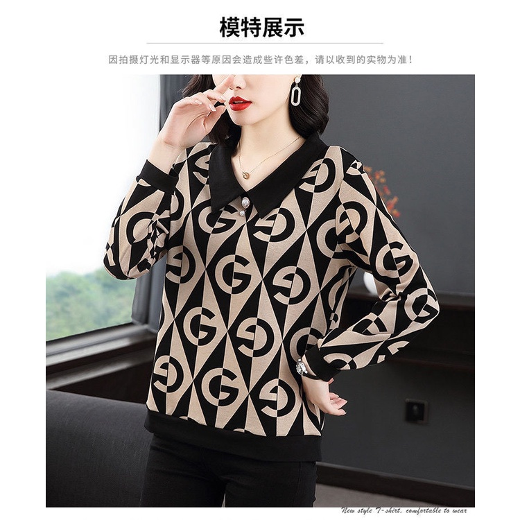 Áo thun tay dài dáng rộng in họa tiết thời trang xuân thu cho phụ nữ trung niên