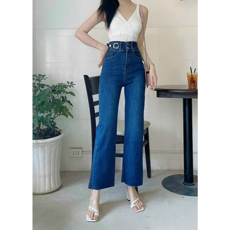 Quần jeans ống suông lưng cao khoen hông