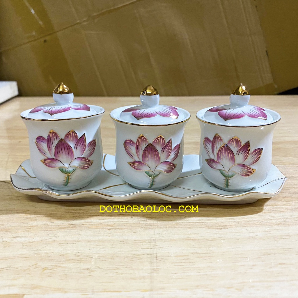 Chum nước thờ có nắp bạch ngọc sứ hoa sen tím nổi 2 loại: bộ 3 ly
