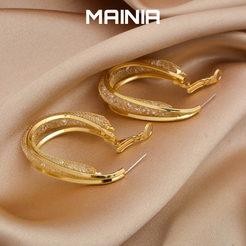 Bông Tai Mạ Bạc S925 Hình Tròn Phối Lưới Đơn Giản Sang Chảnh Thanh Lịch Dự Tiệc Mainia Shop