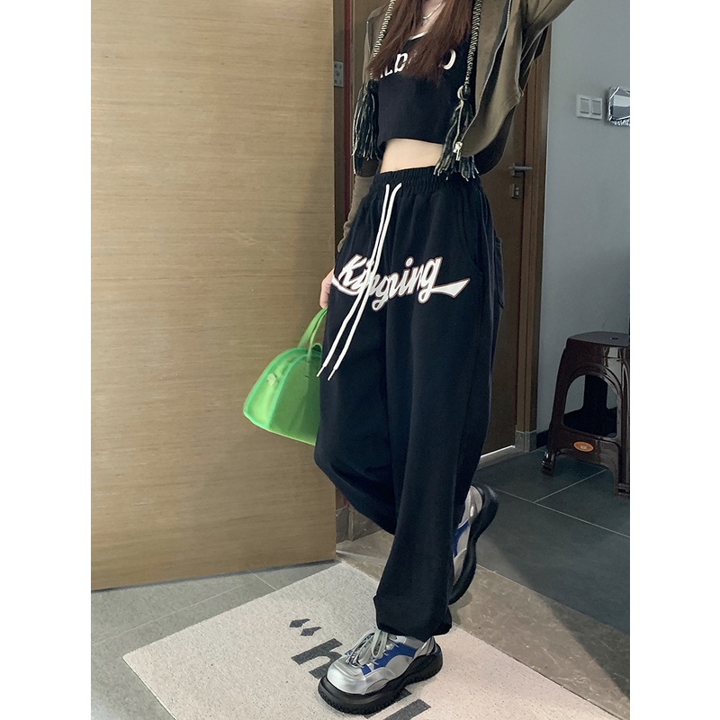 Quần ống rộng Lưng Cao In Chữ Phong Cách retro Mỹ Cho Nữ
