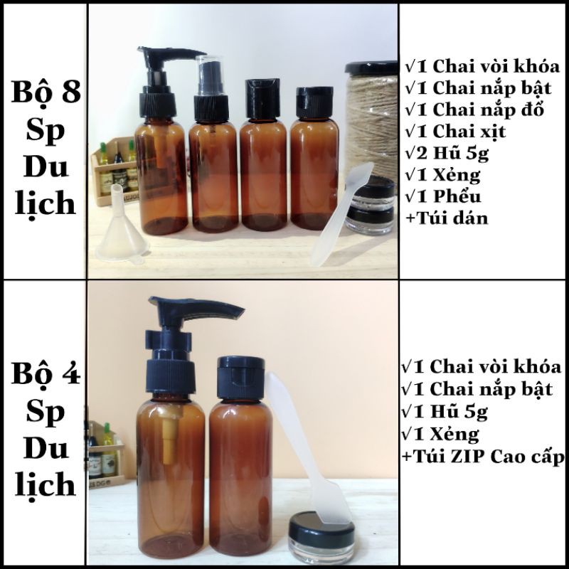 BỘ CHIẾT MỸ PHẨM DU LỊCH 4/8 MÓN 30ml 50ml 100ml túi zip túi dán 🍀 VỎ CHAI LỌ NHỰA PET giá rẻ