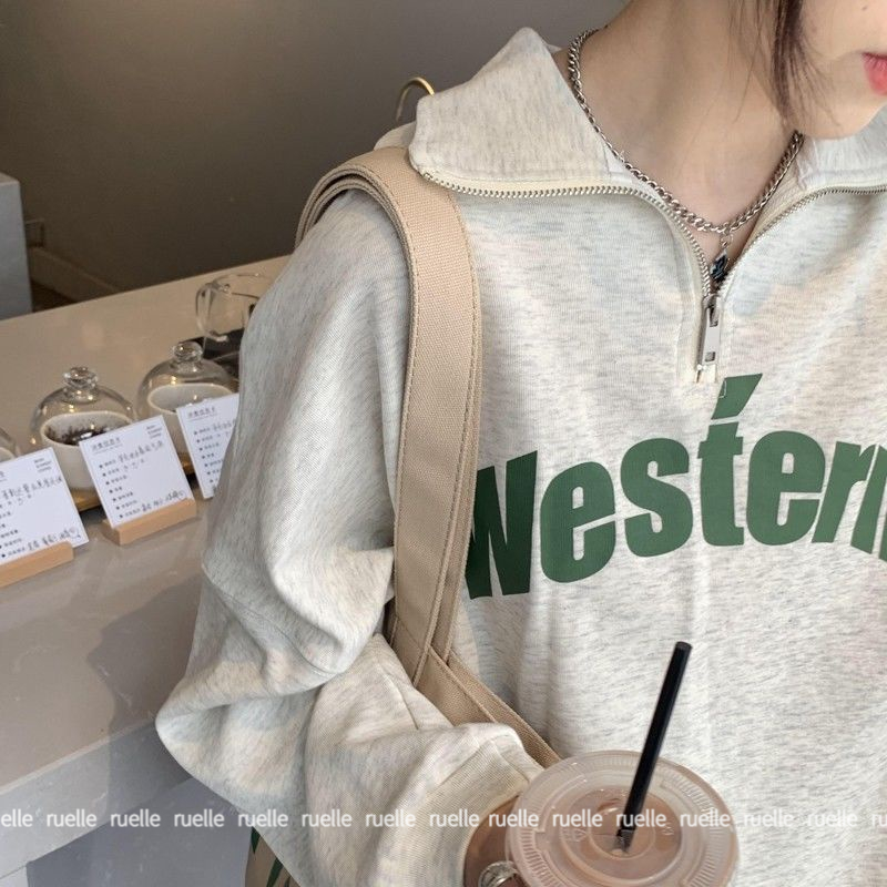 Áo Nỉ Nữ Dài Tay Cổ Bẻ Form Rộng Thời Trang Hàn