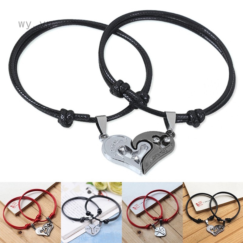 Set 2 vòng tay thiết kế trái tim đính đá quý nhân tạo sang trọng dành cho cặp đôi
