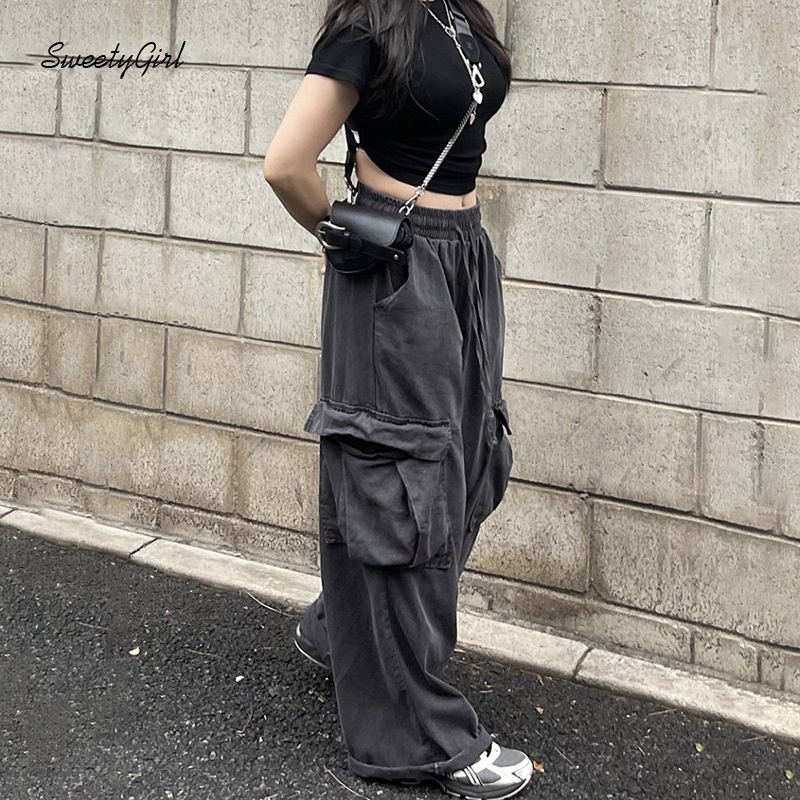 Quần Dài Eo Cao Dáng Rộng Phối Túi Màu Xám Trơn Trẻ Trung Hợp Thời Trang 2022 Cho Bạn Gái