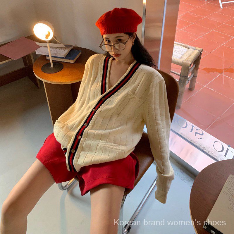 Áo khoác cardigan dệt kim tay dài dáng rộng màu sắc tương phản thời trang mùa thu cho nữ