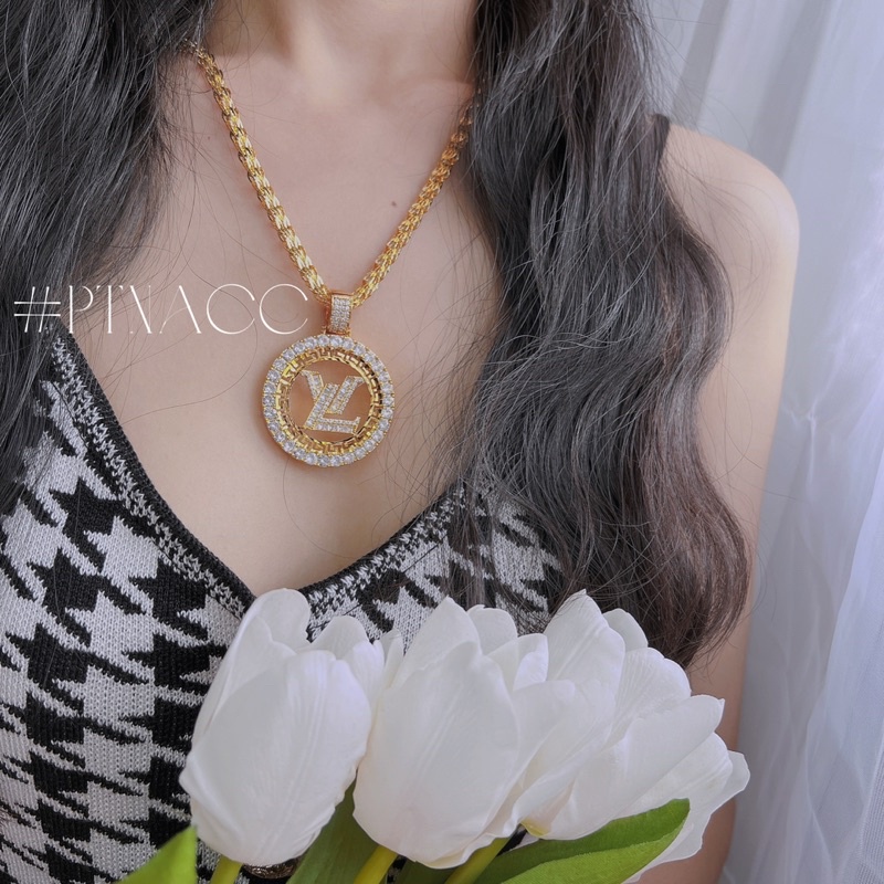 Dây chuyền, vòng cổ xi bạch kim, xi mạ vàng kèm mặt tròn size to logo hãng .PTNACC.