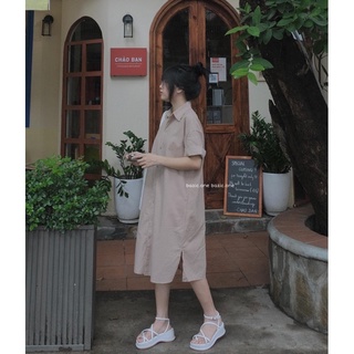 Váy sơ mi cộc tay xẻ tà, váy cổ sơ mi basic xẻ tà Bazic one