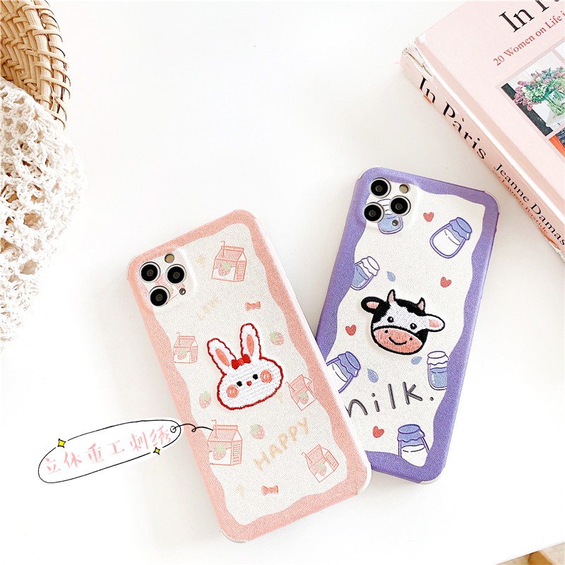 Ốp lưng iphone Bò & Thỏ thêu viền chống va đập 5/5s/6/6plus/6s/6splus/7/7plus/8/8plus/x/xr/xs/11/12/pro/max/plus/promax | BigBuy360 - bigbuy360.vn