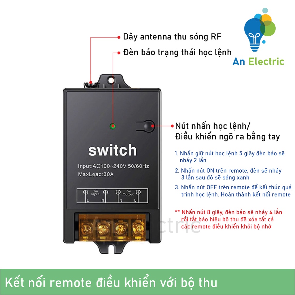 Công tắc điều khiển từ xa 500-1000m công suất 30A–3000W điều khiển chiếu sáng, máy bơm, quạt