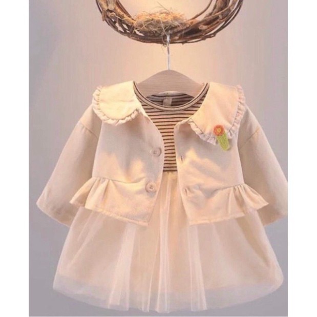 Xả Set áo khoác cổ bèo váy voan hoa bồng bềnh