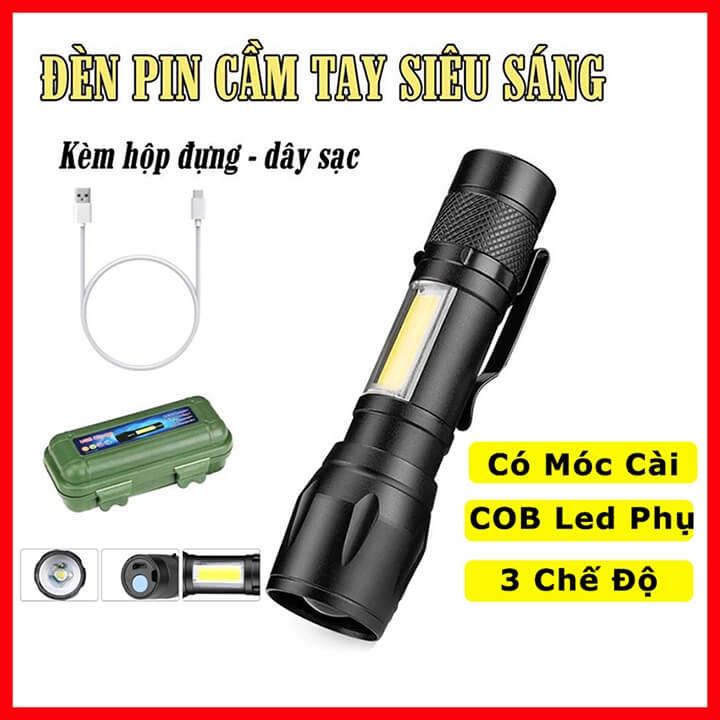 Đèn pin siêu sáng mini có Zoom xa gần, 3 chế độ sáng có móc treo tiện dụng tặng kèm hộp đựng, đèn pin mini cầm tay