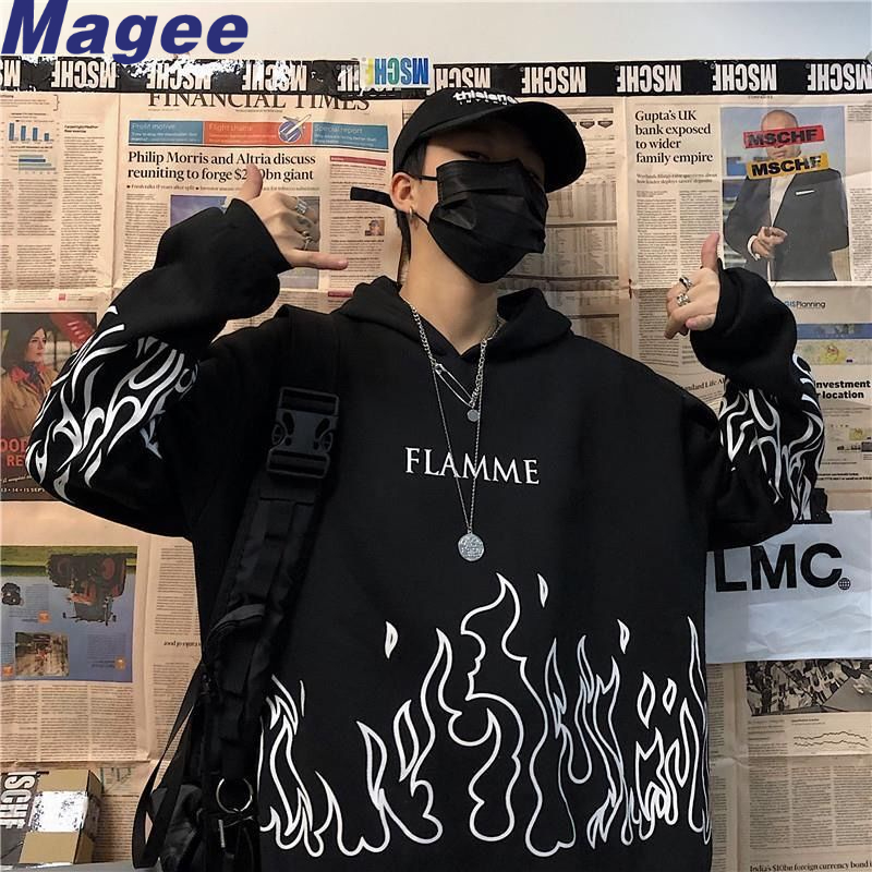 Áo Hoodie Màu Đen Thêu Hình Ngọn Lửa Phong Cách Hàn Quốc Thời Trang Thu Đông Cho Nam Và Nữ