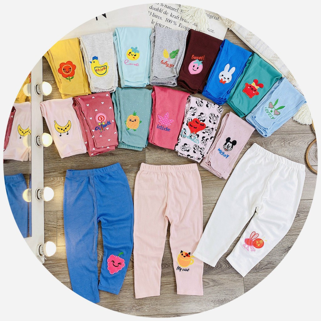 SET 3 Quần Legging Dài Thêu Nổi Xinh Xắn Cho Bé Gái 10-25Kg - Quần Thun Dài Legging Co Giãn Cho Bé