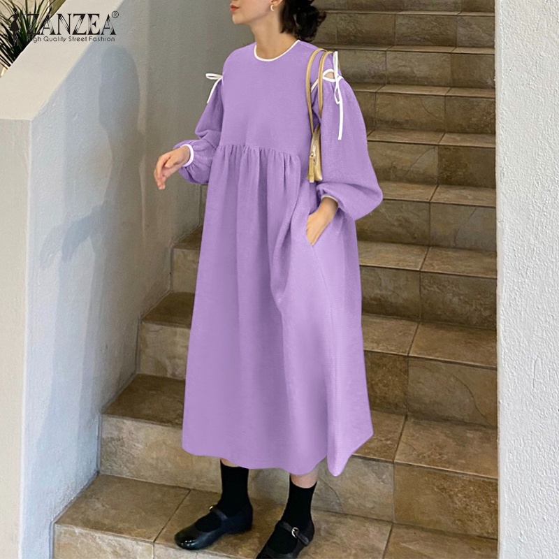 Đầm Zanzea tay dài có túi thời trang vintage cho nữ