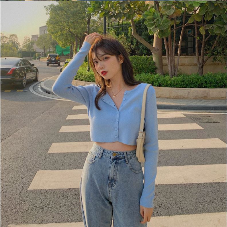 Áo Croptop Nữ Tay Dài Vải Thun Gân Co Dãn  Phối 6 Cúc Phong Cách Ulzzang-YC