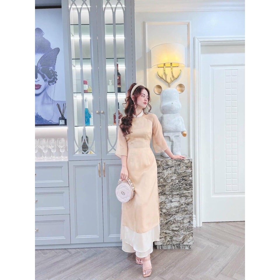 Áo Dài Cách tân Von tơ mềm Đính cúc vệ cách điệu, Màu da, Vải Von Tơ Kết Hợp Lót Lụa, Không Nhăn, Không Xù