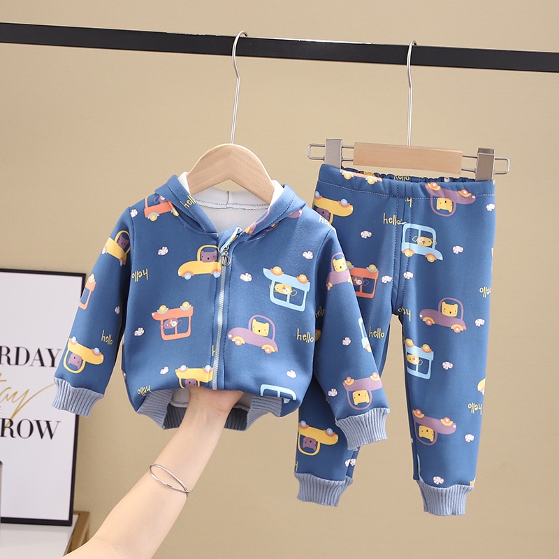 Bộ dài tay cho bé, bộ nỉ bông lót lông cho bé trai in hình ô tô