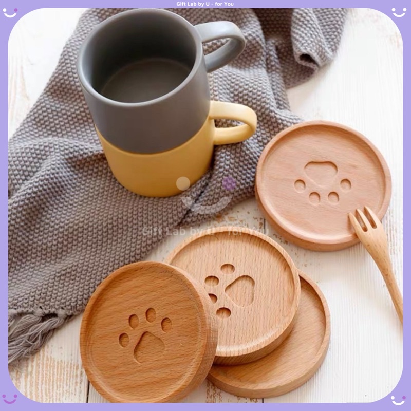 Lót cốc gỗ cao cấp hình bàn chân mèo siêu dễ thương
