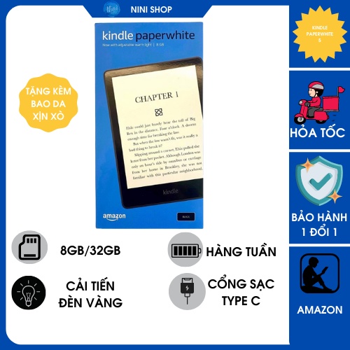 Máy đọc sách kindle paperwhite 5 bảo hành 1 năm tặng bao da gồm 2 phiên bản 8gb và 32gb